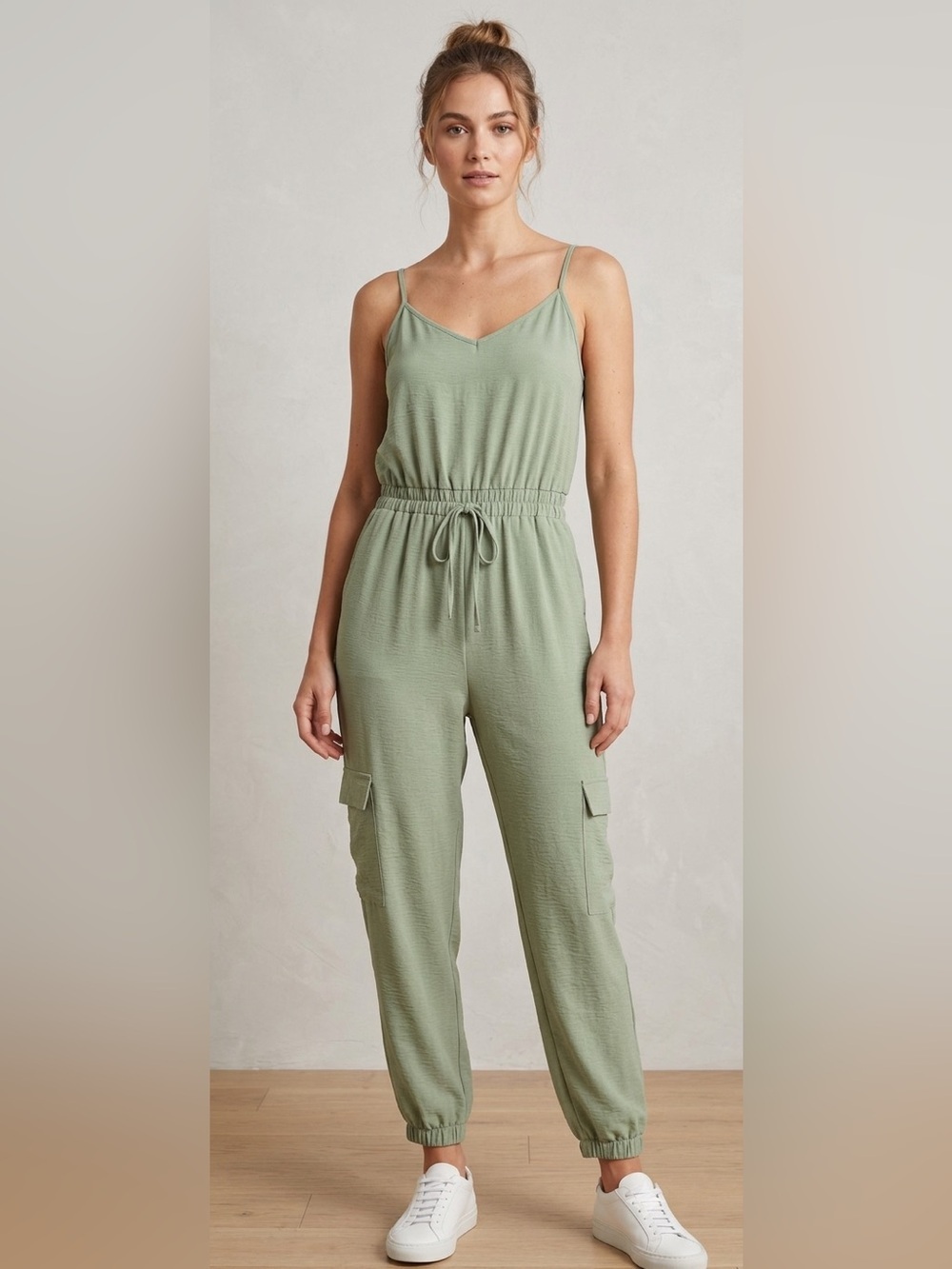Inspired Heart Cargo Pockets Jumpsuit Elastic Waist Sage Green Sz S